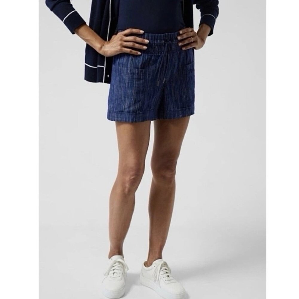 Athleta Women's Size 10 Cabo Linen Textured 4" Short Blue Loose Pull-On Pockets